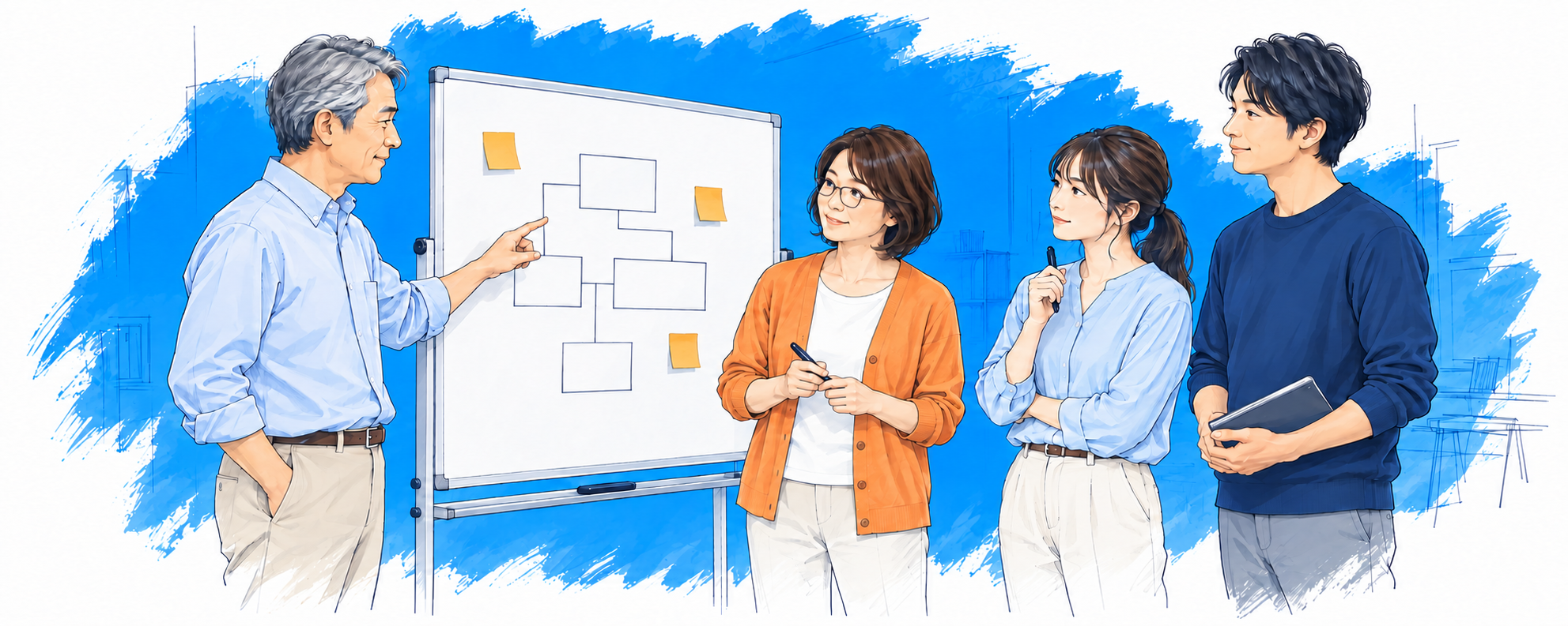 ホワイトボードの業務図を囲み、仕組みづくりを相談する4人
