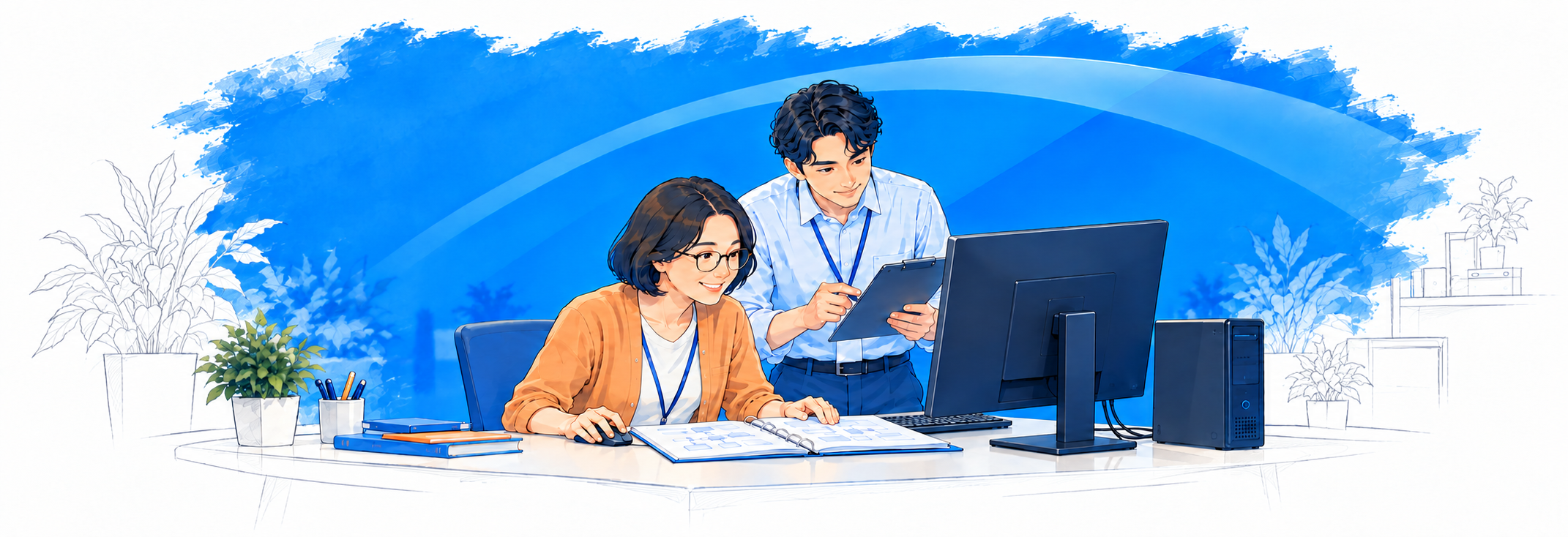 パソコンと資料を確認しながらシステムの保守・運用について相談する2人