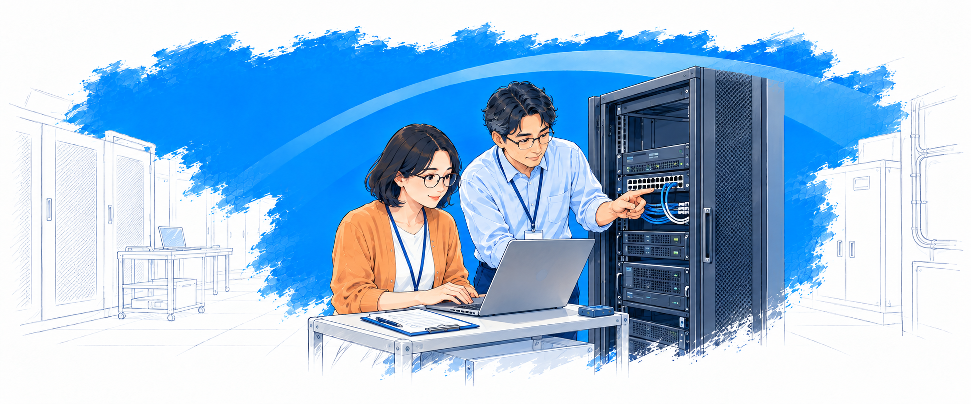 サーバーとネットワーク機器の設定を確認する2人