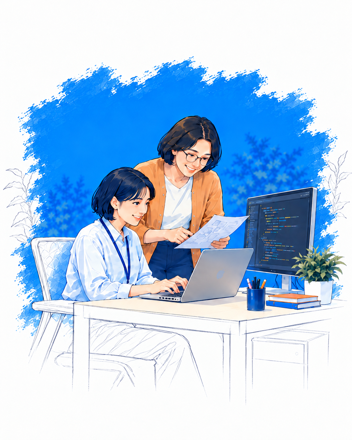 画面と設計資料を確認しながら開発を進める2人