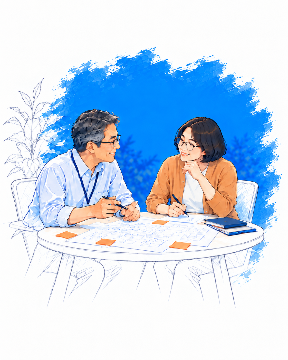 資料を囲んで企画や設計を相談する2人