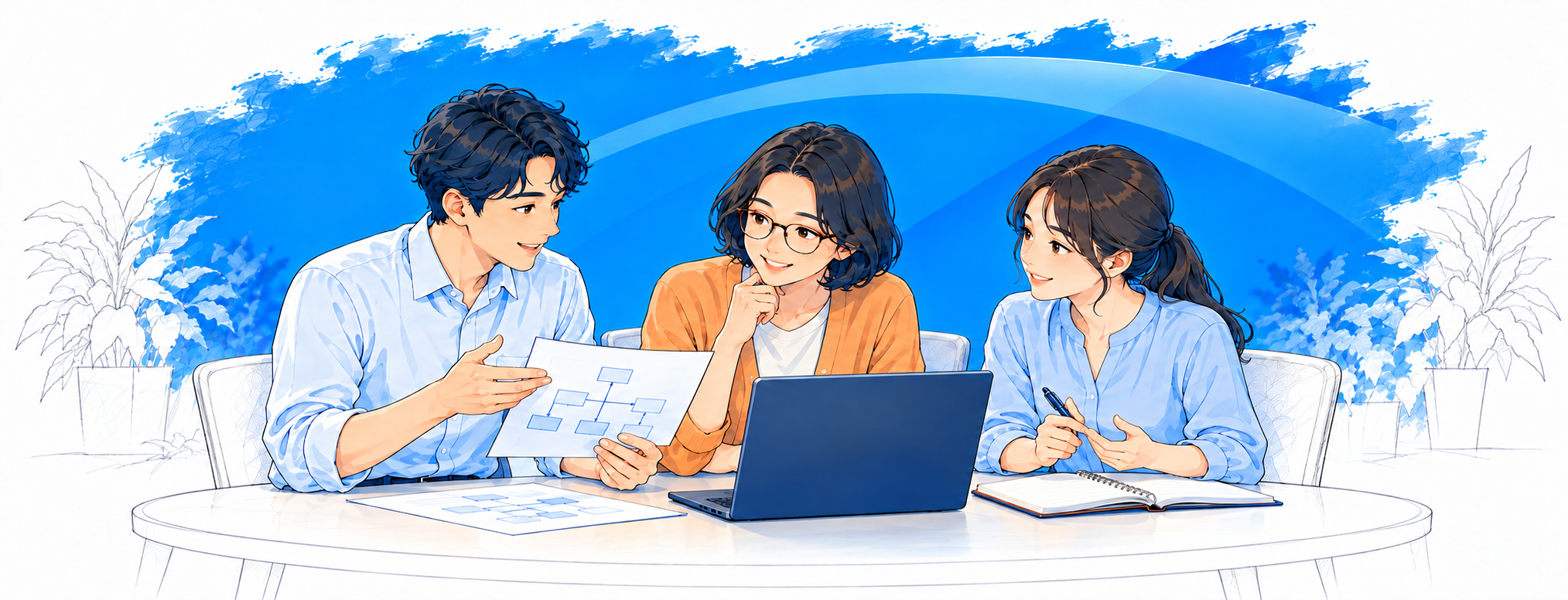 資料を見ながら相談し、学び合う3人のメンバー