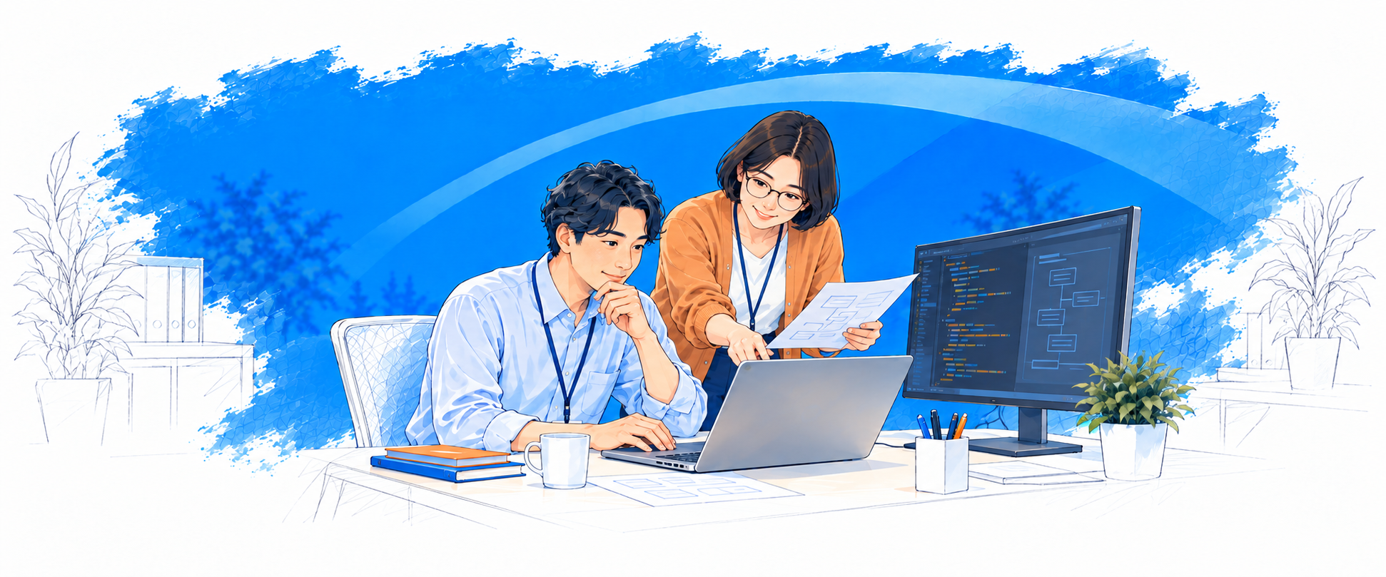 設計資料と開発画面を確認しながらシステムをつくる2人